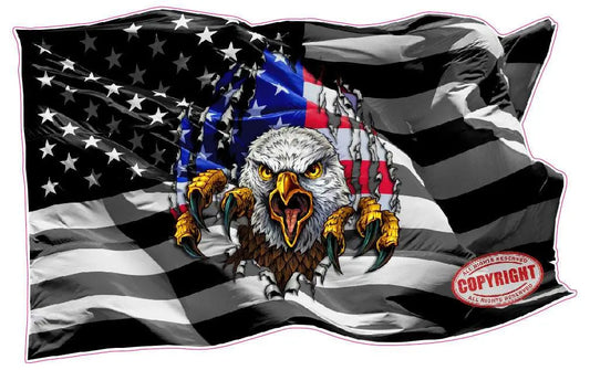 Black and white American flag decal, colored eagle ripping through, die cut, outdoor durable.