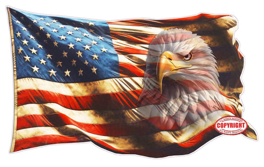 Worn American flag Ghosted Bald Eagle decal, high-quality die-cut vinyl, USA made.