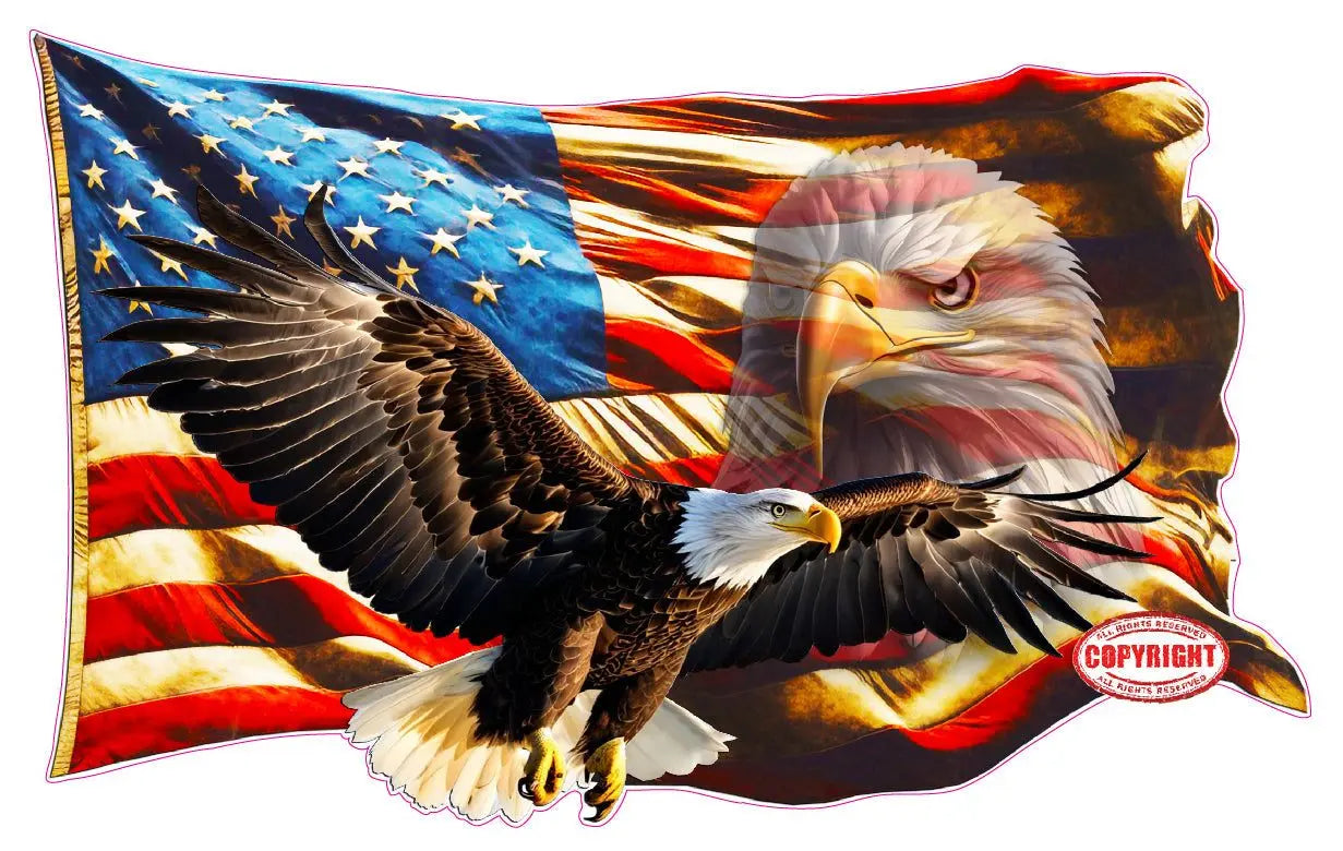 Worn American flag with ghosted bald eagles decal, featuring a die-cut design with 3-year outdoor warranty.