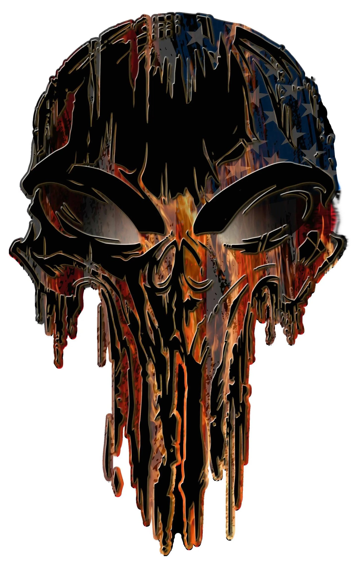 Skull American Flag flaming decal for vehicles and surfaces, durable vinyl with outdoor warranty.