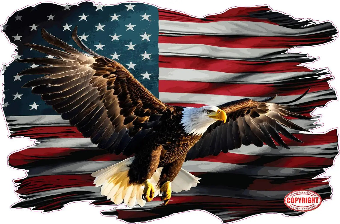 Waving colorful American flag with an eagle ripping through, decal design.