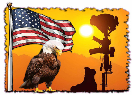 Military silhouette thank you decal with American flag, eagle, and battle cross.