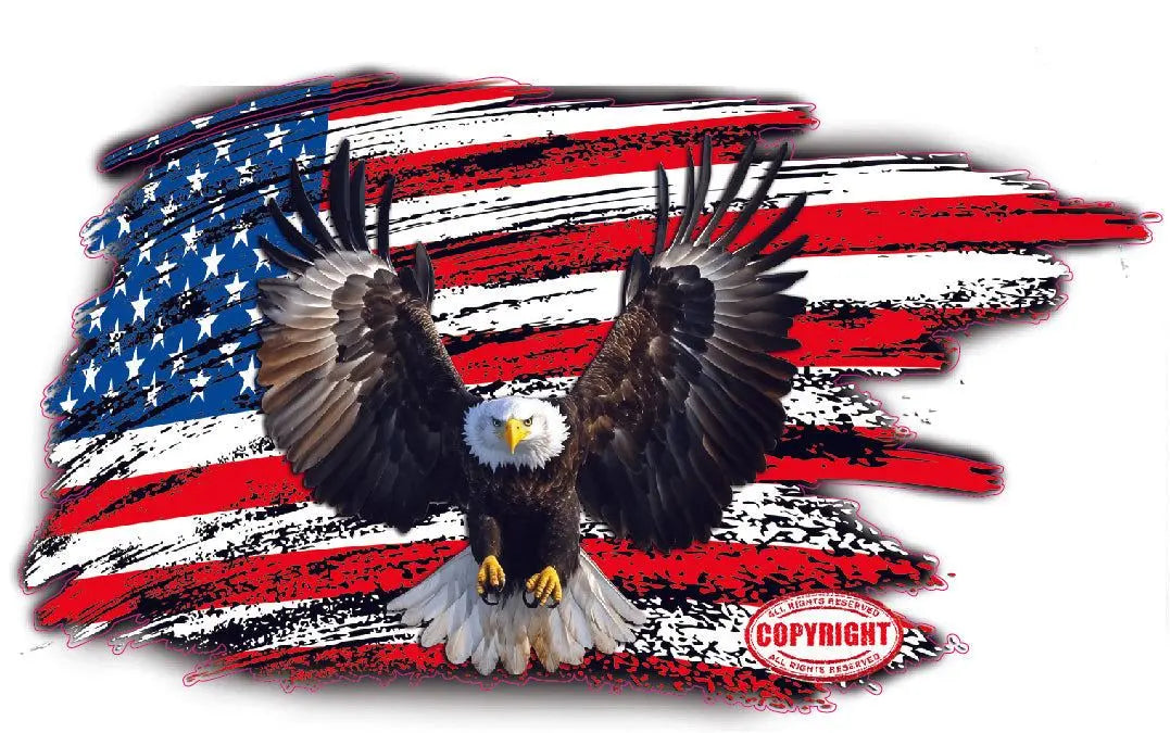 Brushed worn American flag decal featuring bald eagle with wings spread.