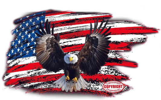 Brushed worn American flag decal featuring bald eagle with wings spread.