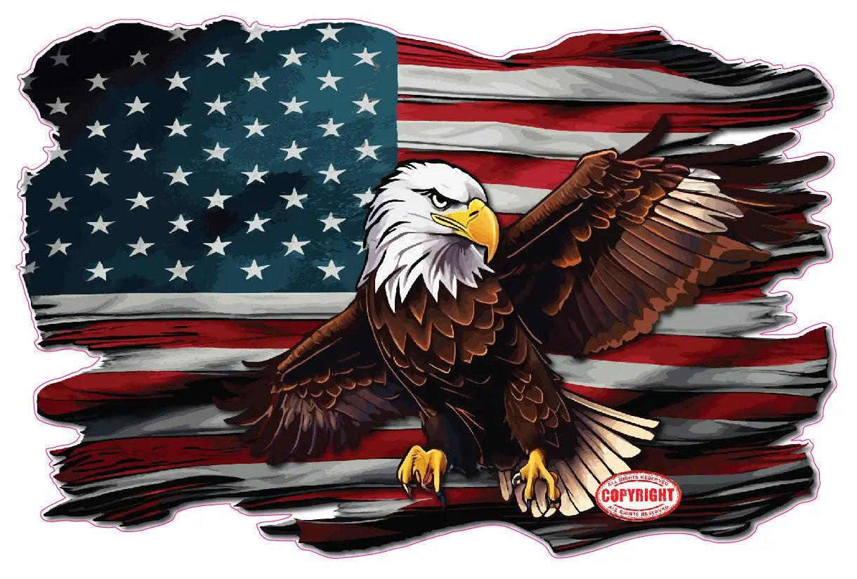 Distorted American flag Bald Eagles decal with high-quality material, available in 7 sizes.