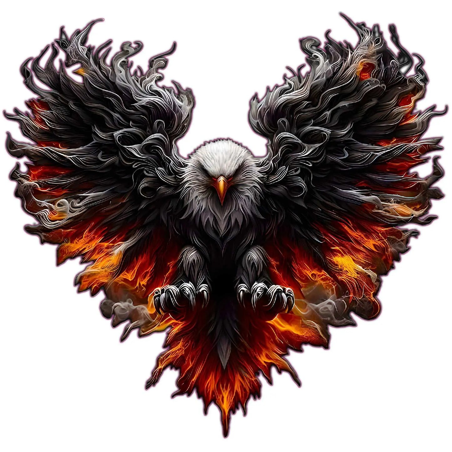 Flaming Eagle decal with fiery wings and detailed design, available in 7 sizes.