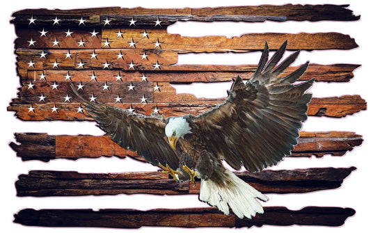 Plank wood American flag with eagle decal sticker.