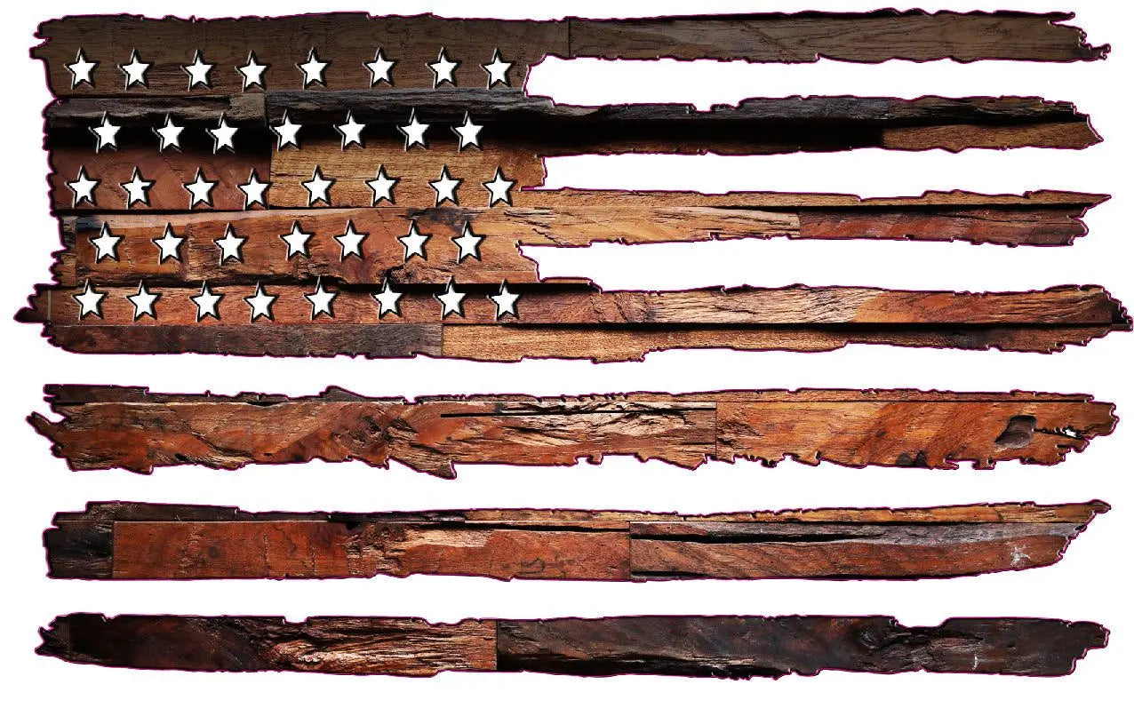 Plank wood American flag decal showcasing rustic texture and stars.