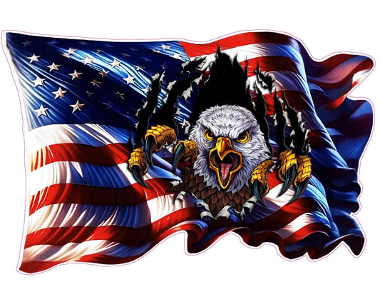 Waving colorful American flag eagle ripping through decal