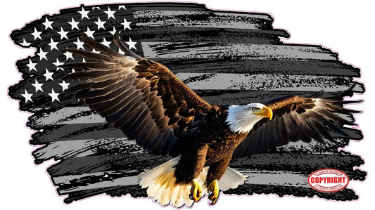 Worn American flag in black and white with colored eagle decal.