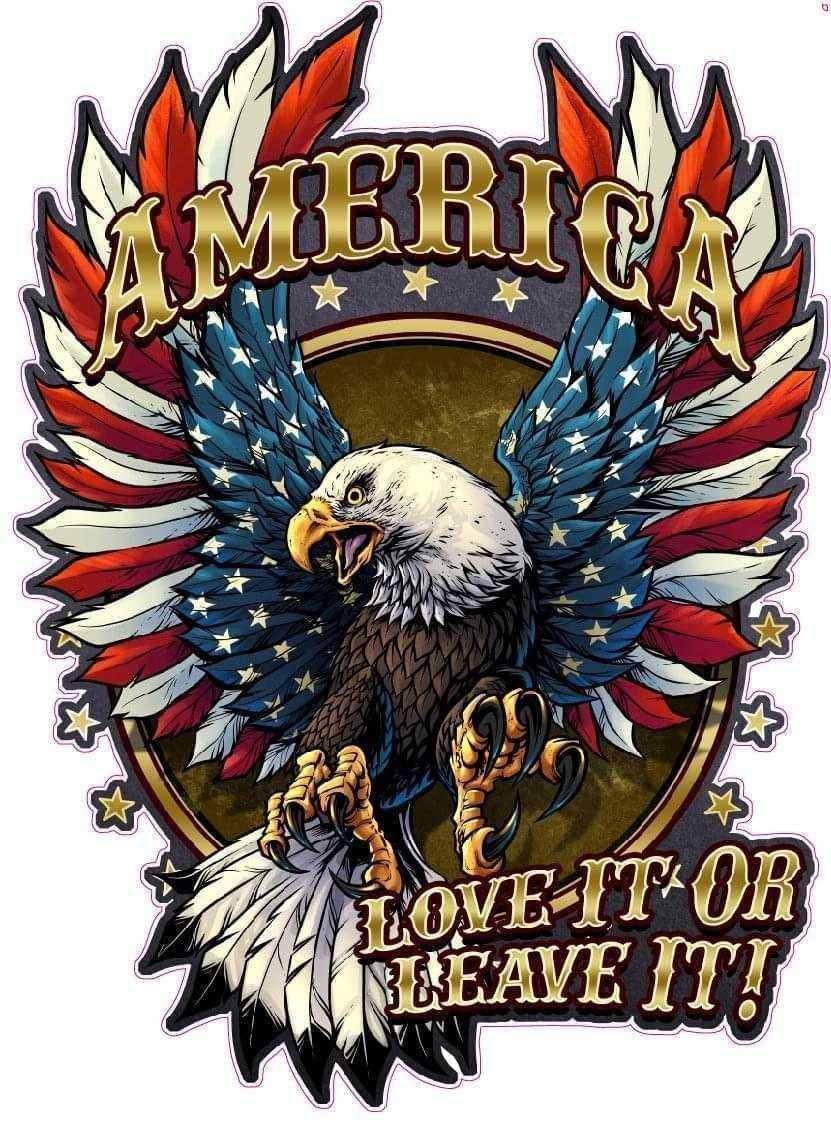 American Love It or Leave It Decal featuring bald eagle with stars and stripes wings and bold text