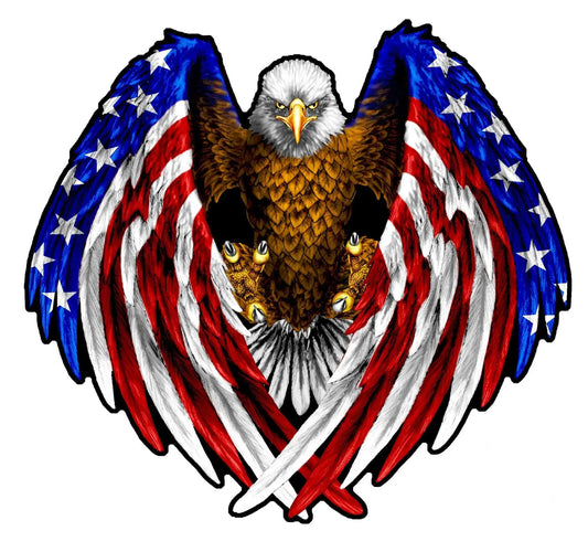 Bald Eagle with American flag wings decal, high-quality outdoor vinyl design.