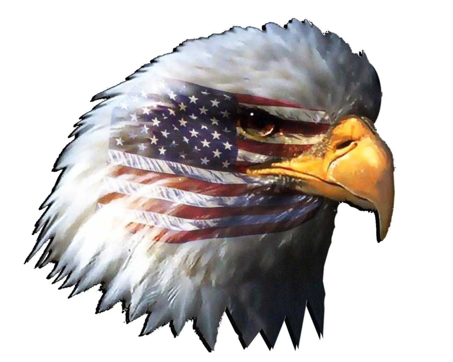 American Flag Eagle Head vinyl decal, durable outdoor design, available in four sizes.