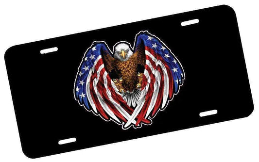 Black license plate with eagle and American flag wings design, patriotic American Flag Eagle Wings license plate.