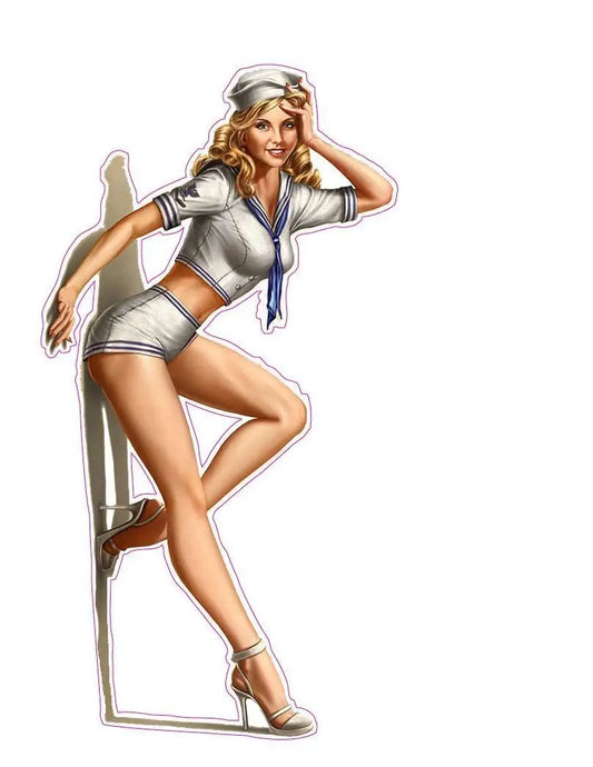 Blonde Sailor Version 2 Pin Up Girl Decal, 6x4 inches, durable outdoor vinyl.
