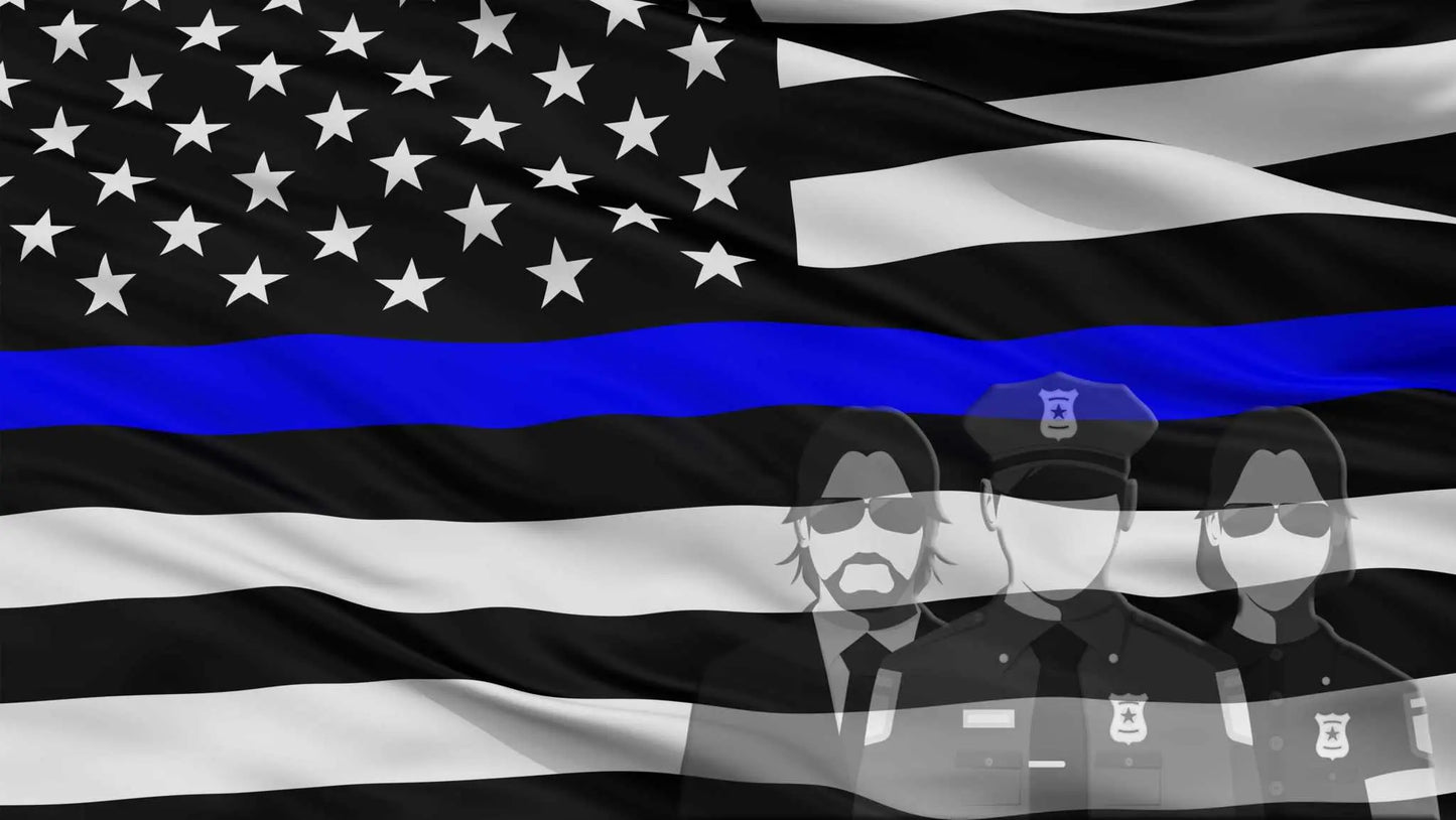 Waving American Flag Thin Blue Line decal with police silhouettes.