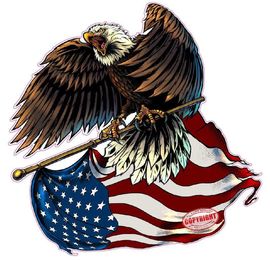 Eagle with flag pole American flag decal sticker, durable outdoor vinyl.
