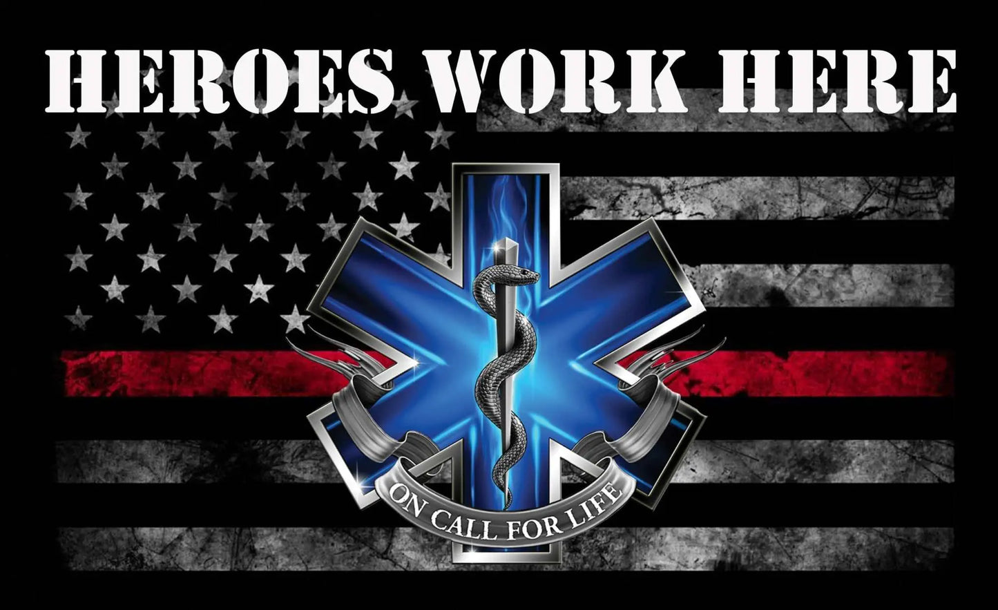 First Responders Heroes Work Here decal featuring U.S. flag and medical emblem.
