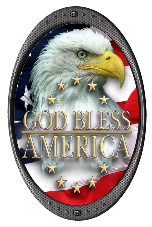 God Bless America eagle head decal on American flag background, 5.5" x 3.5".
