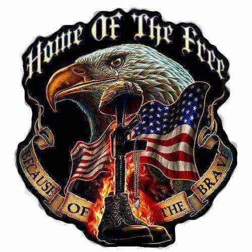 Home of the Free Because of the Brave decal with eagle, American flags, and military tribute design
