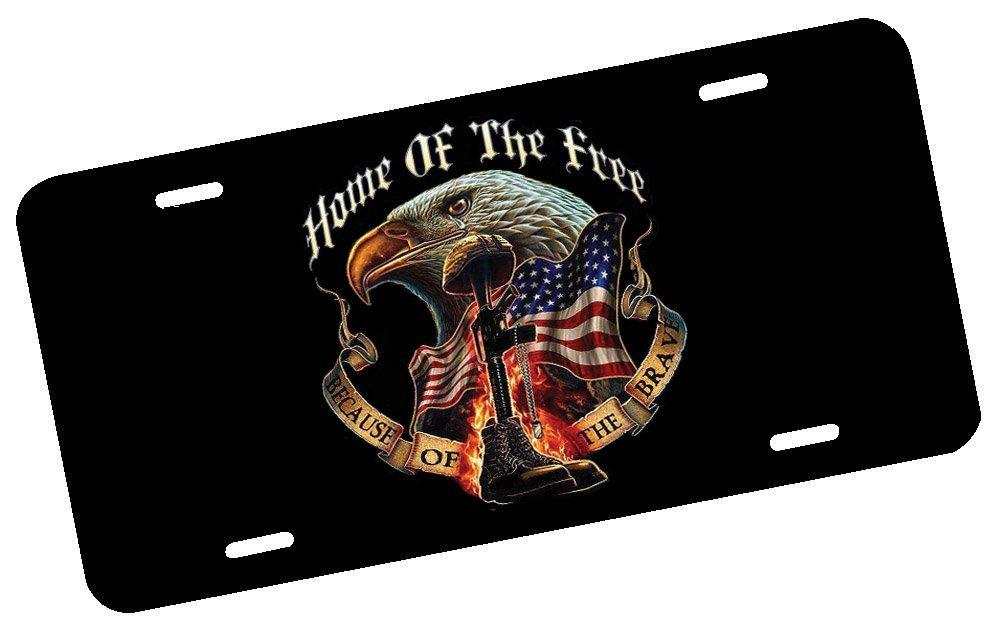 Home of the Free Because of the Brave license plate with eagle, flag design.