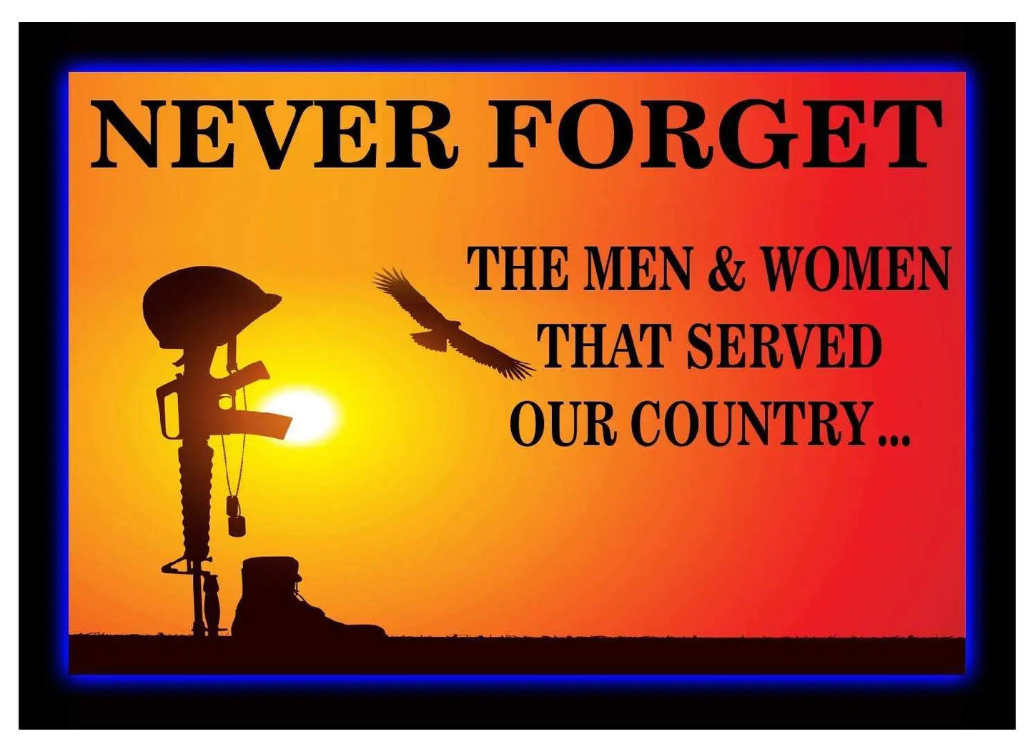 Never Forget the Men and Women That Served Our Country decal with soldier tribute design against sunset.