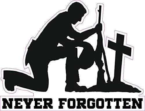 Never Forgotten Decal showing soldier kneeling by cross honoring fallen with text Never Forgotten