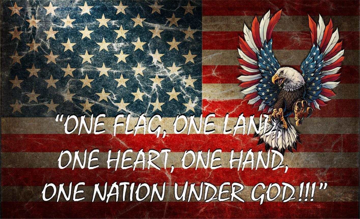 American flag decal with eagle and patriotic quote, "One Flag, One Land, One Heart, One Hand, One Nation Under God."