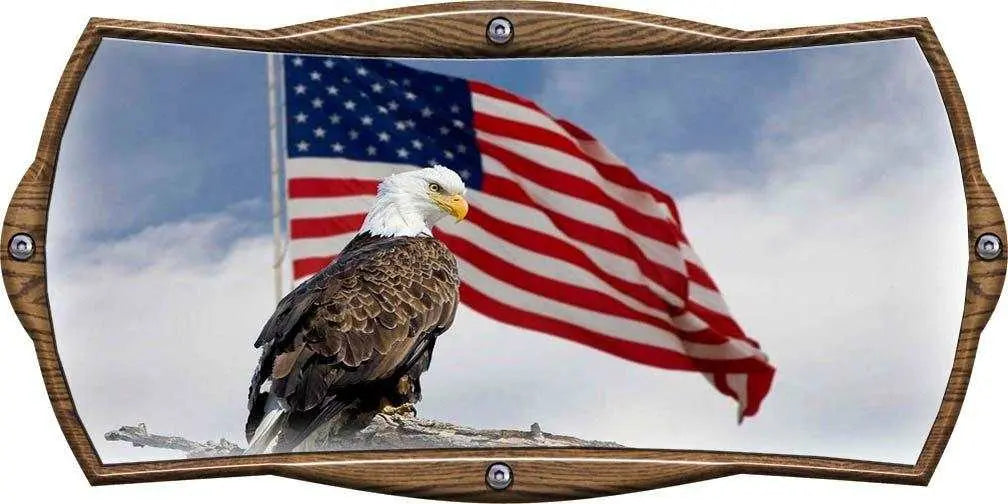 American flag with eagle decal on oak plaque background, 10x6 inches, durable outdoor design.