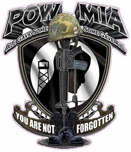 POW MIA You Are Not Forgotten Decal with helmet, boots, and rifle silhouette on black shield background