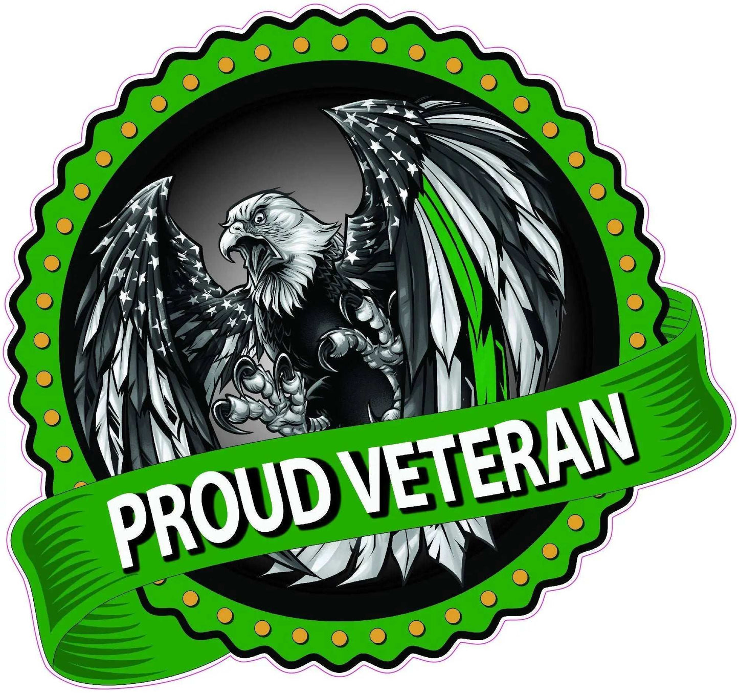 Proud Veteran decal with American flag eagle design and green ribbon text