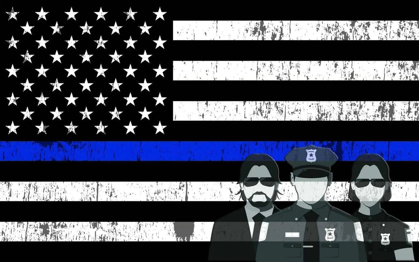 American Flag Thin Blue Line decal with silhouettes of police officers in front