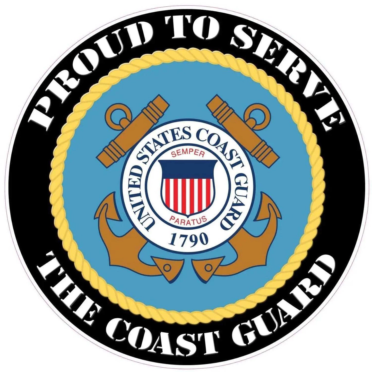 Proud to Serve the Coast Guard decal with United States Coast Guard emblem and anchors in blue, gold, and black colors