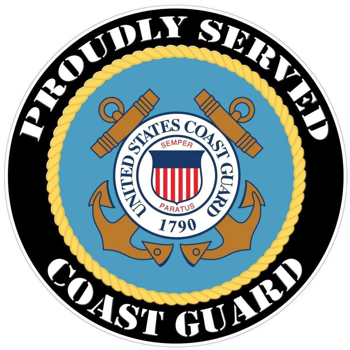 Proudly Served Coast Guard decal with anchors and United States Coast Guard emblem in blue and black circular design