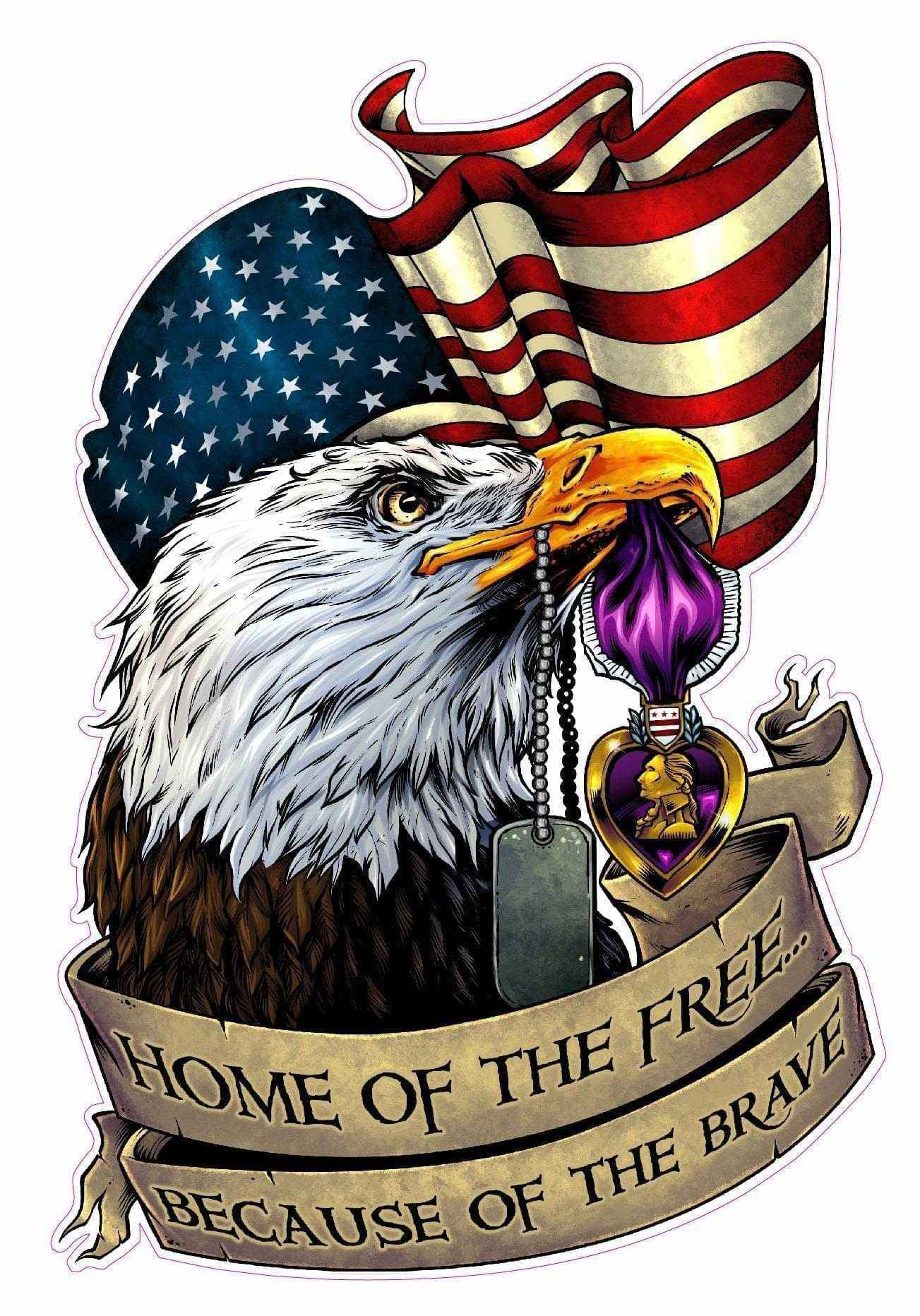American Eagle Purple Heart decal with American flag and Home of the Free Because of the Brave banner