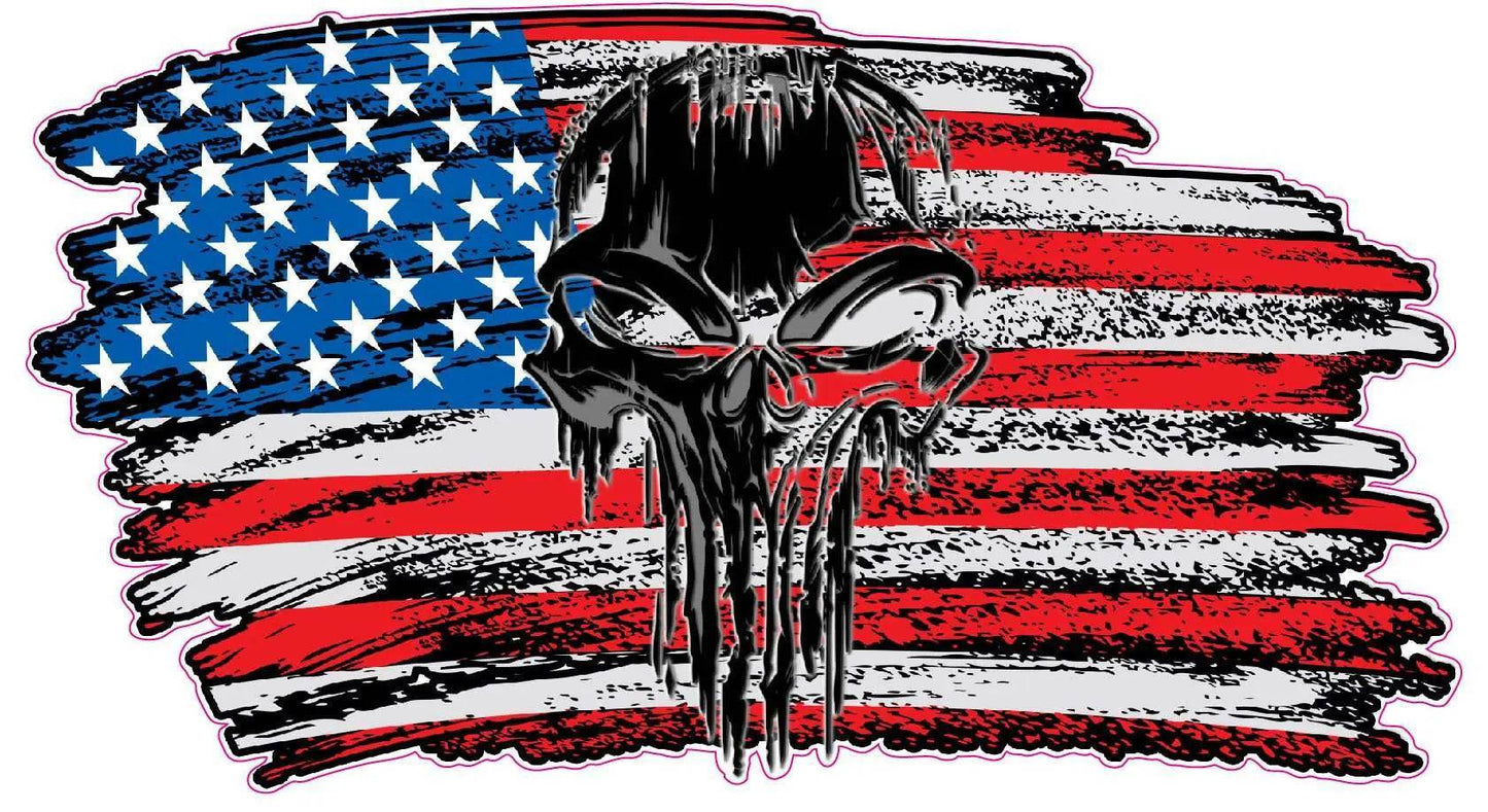 Skull worn American flag decal with distressed design and dripping effect