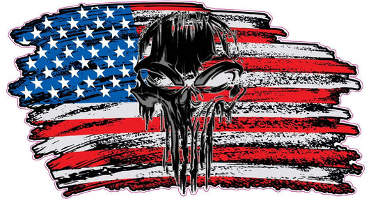 Worn American flag thin blue line skull decal with rugged design.