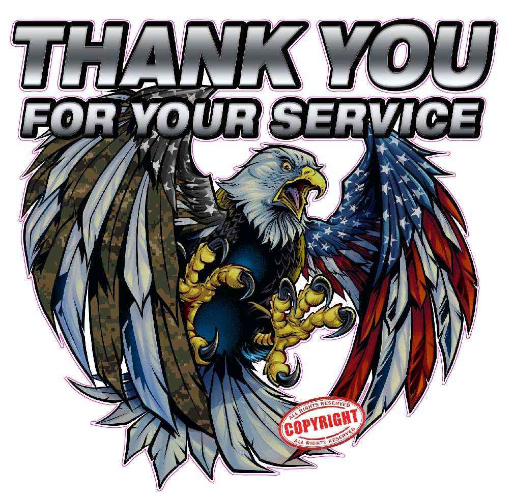 Screaming American Flag Bald Eagle decal with "Thank You For Your Service" text patriotic military tribute
