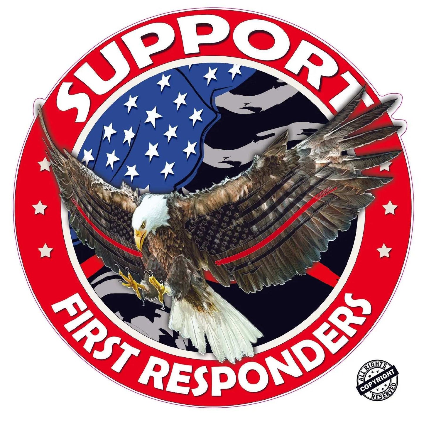 Support our Thin Red Line First Responders American flag eagle decal with red circle and stars