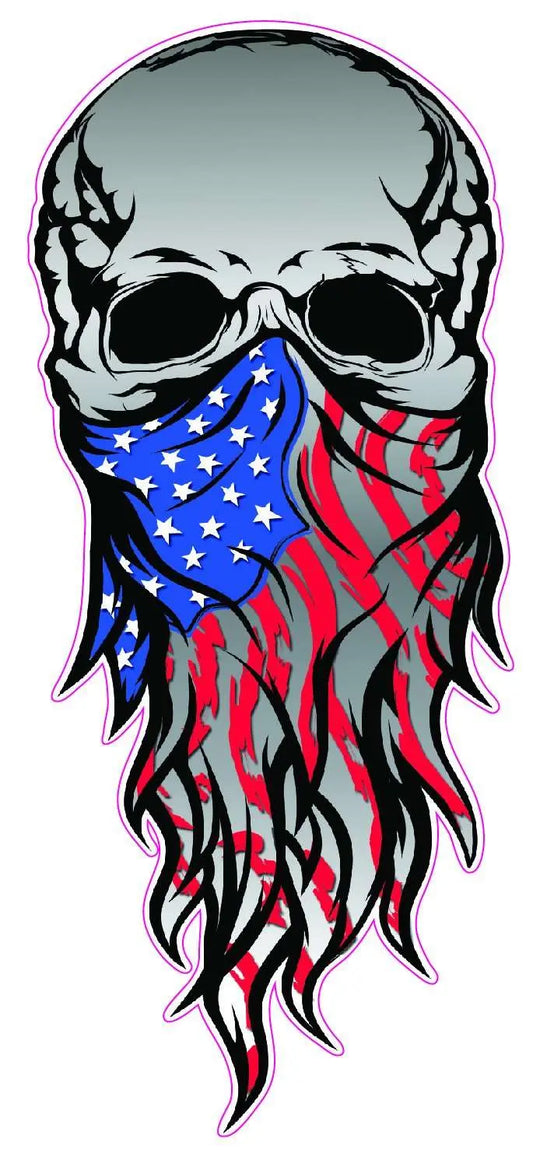 Skull American flag bandanna decal with robust outdoor design.