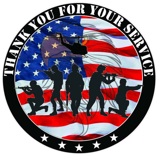 Military "Thank You for Your Service" decal with American flag and soldier silhouettes, outdoor durable.