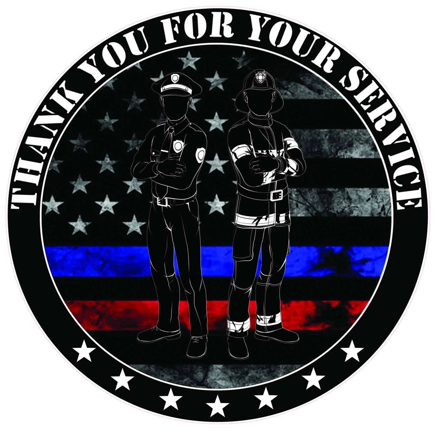 Round decal with police officer and firefighter silhouettes, thin blue and red lines, and text "Thank You For Your Service" honoring law and first responders