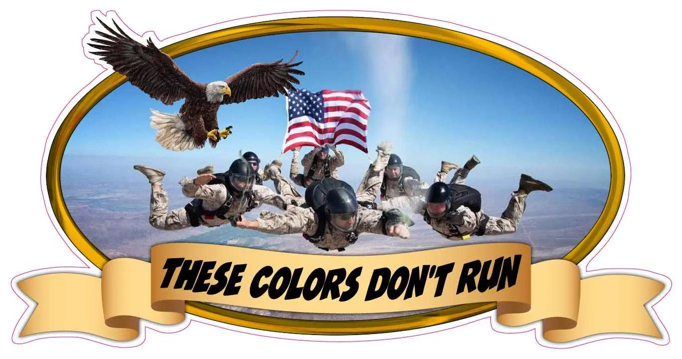 These Colors Don't Run V2 Decal with skydivers and eagle carrying an American flag.