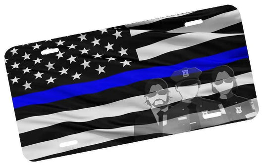 Thin Blue Line Waving American Flag license plate with police officer silhouettes and durable aluminum material