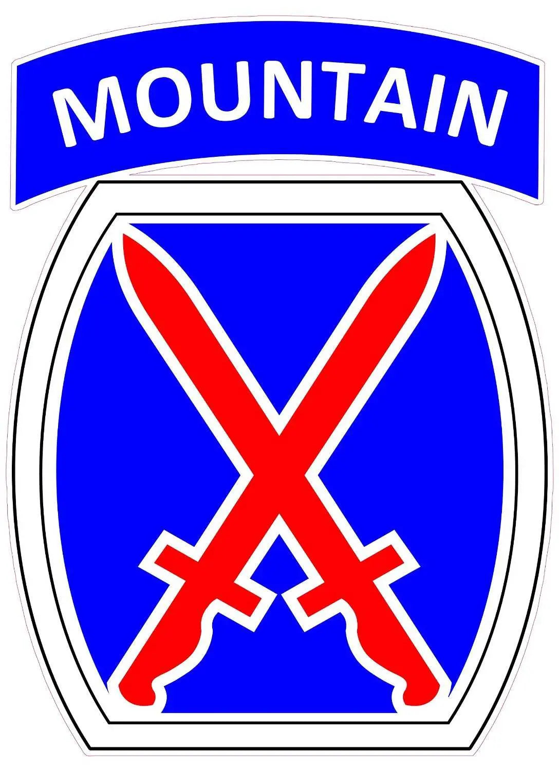 U.S. Army 10th Mountain Division decal with crossed red swords on blue background.
