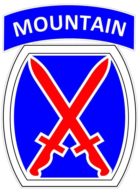 U.S. Army 10th Mountain Division Decal with crossed red swords on blue shield and mountain tab