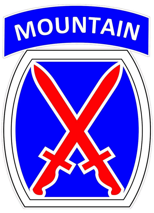 U.S. Army 10th Mountain Division decal with crossed red swords on blue background.