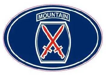 U.S. Army 10th Mountain Division oval decal with crossed swords icon.