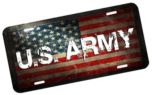 U.S. Army license plate with American flag design, durable aluminum, USA made.