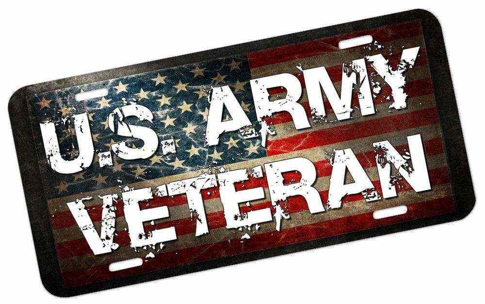 U.S. Army Veteran License Plate with distressed American flag background on durable aluminum